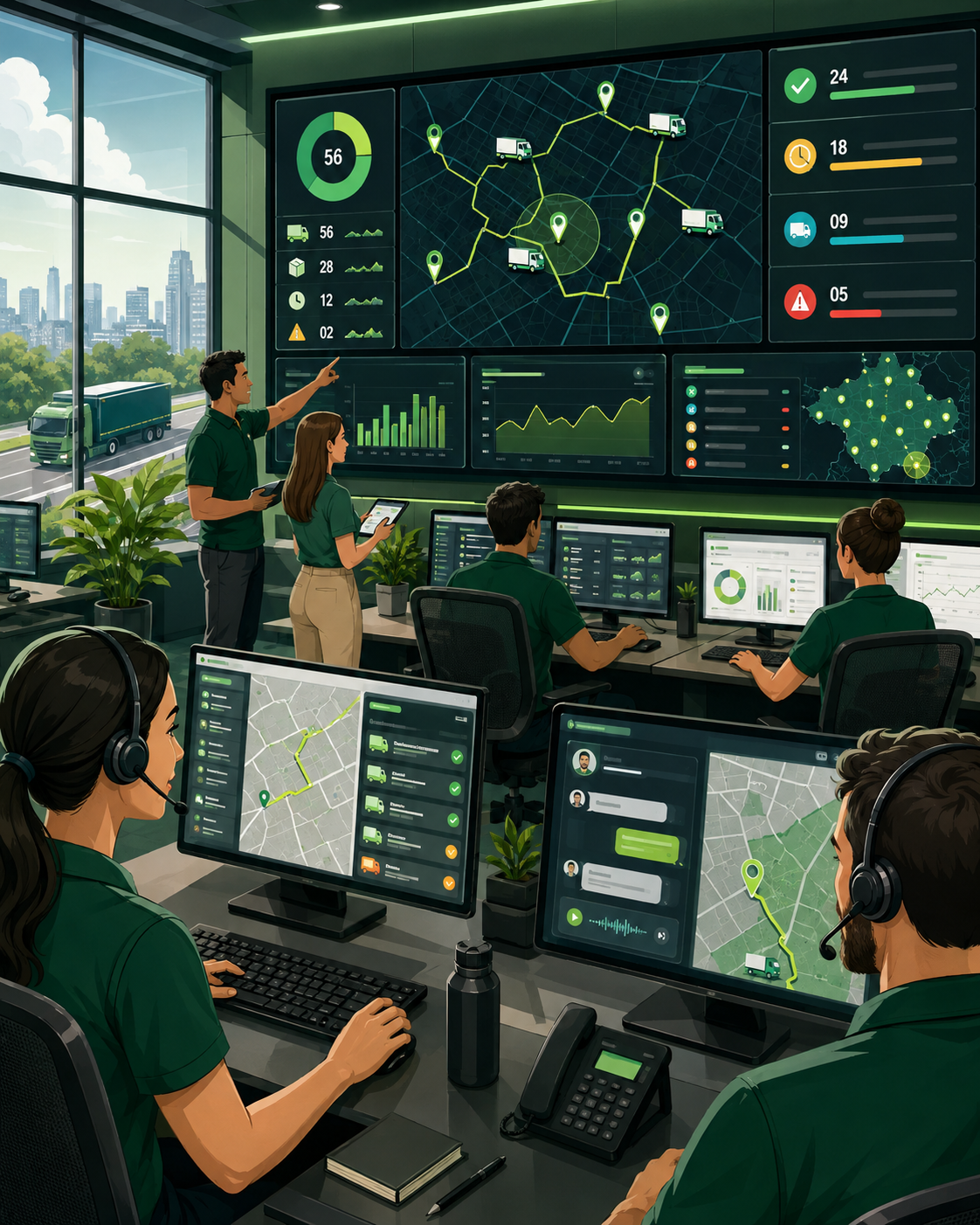 Equipe em uma torre de controle acompanhando rotas e entregas